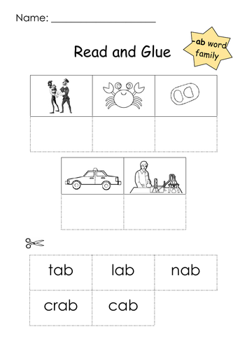 Phonics -ab Word Family Read and Glue Printable