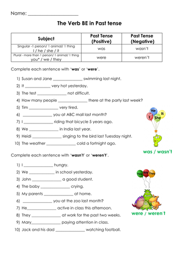 Grammar Verb BE in Past tense (was/were/wasn't/weren't) Printable