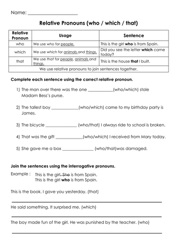 Grammar Relative Pronouns (who / which / that) Printable | Teaching ...