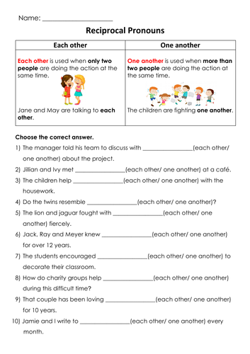 Grammar Reciprocal Pronouns Each Other One Another Printable 