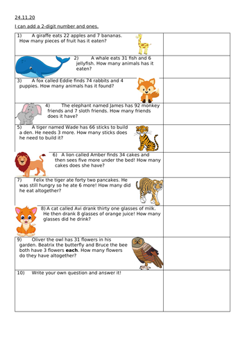 2 digit add 1 digit word problems