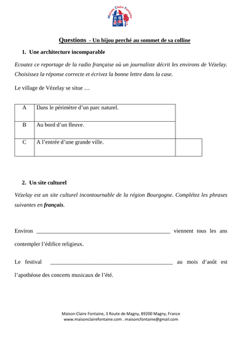 KS5 French Listening - Le Patrimoine Vézelay