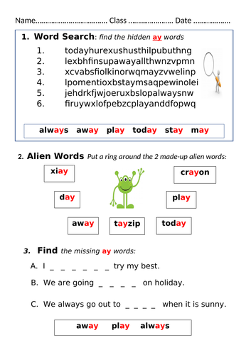 ay digraph worksheet Mrs Pryce's Funny Phonics | Teaching Resources