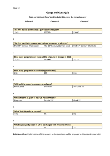 Word Quiz 11 and 12- Grime Quiz/Gangs and Guns Quiz