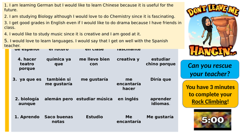 Rock climbing template Spanish school subjects