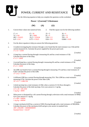 GCSE Physics Paper 1 - Power, Current and Resistance Calculations