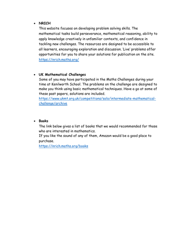 Maths at secondary school additional work