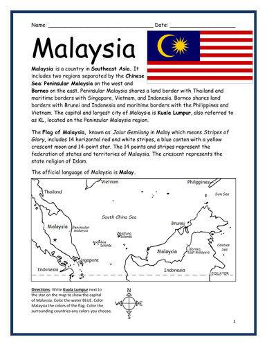 MALAYSIA - Introductory Geography Worksheet