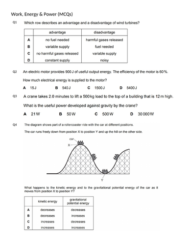 Work Energy And Powermcqsigcse 0625 Classified Worksheet With Answers Teaching Resources