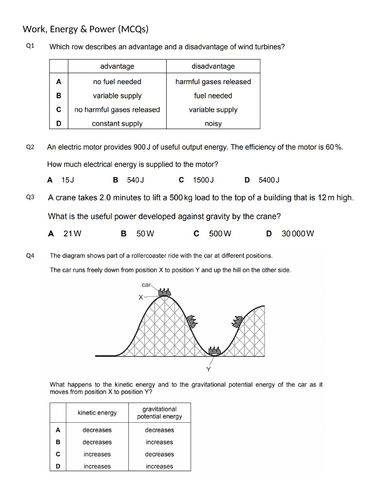WORK, ENERGY & POWER(MCQs)(IGCSE 0625 CLASSIFIED WORKSHEET WITH ANSWERS