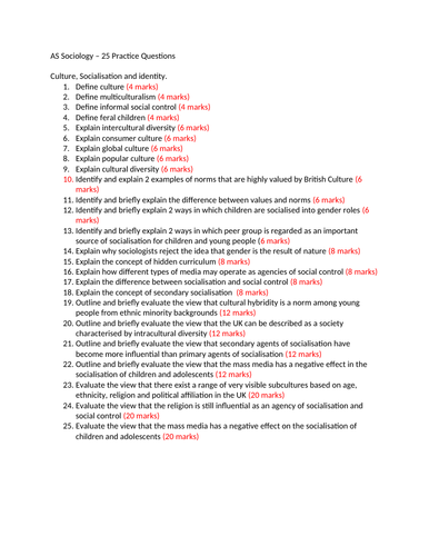 OCR AS Sociology - Culture,Socialisation and Identity Notes and Exam Questions