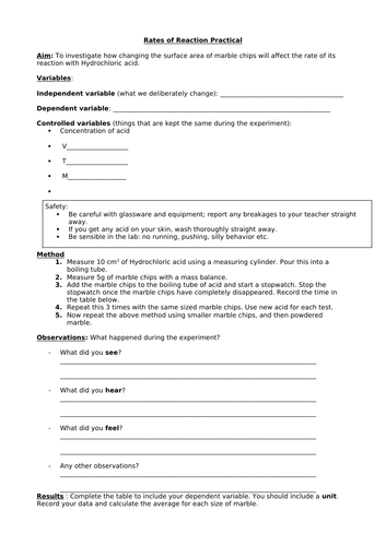 Rates of Reaction: Practical sheet + follow up