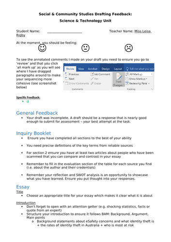 Social and Community Studies - Science and Technology (eSafety) unit - Drafting feedback checklist