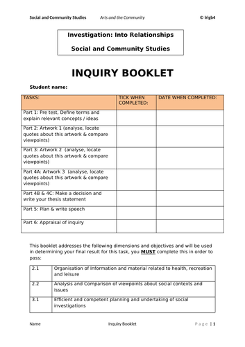 Social and Community Studies - Arts & Community -  Inquiry Booklet and PowerPoint Template