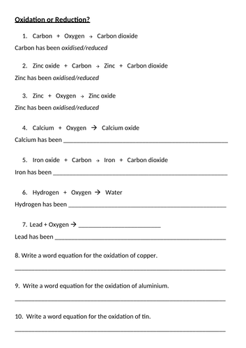 Oxidation or Reduction + Word Equations | Teaching Resources