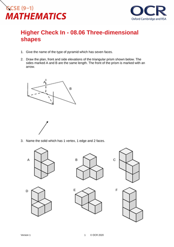 OCR Maths: Higher GCSE - Check In Test 8.06 Three-dimensional shapes