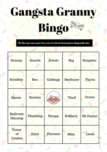 Gangsta Granny Bingo  Game - PDF Download with 6 Bingo Cards and a Grid Sheet