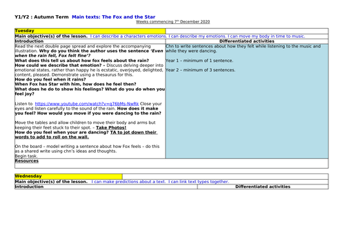 4Wk Lit Plan - The Fox & The Star Yr1/2