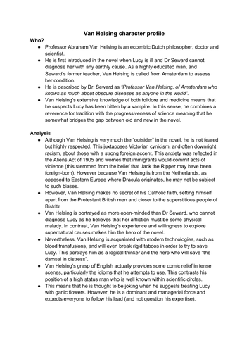 Van Helsing character profile - Dracula, A Level English Language and Literature