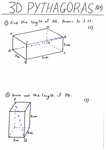 KS4 3D Pythagoras (with Trig Extension Tasks)