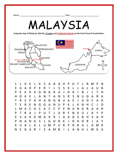MALAYSIA STATES AND TERRITORIES - Word Search Puzzle