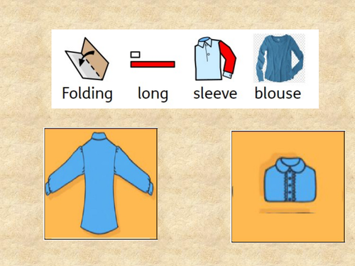 Folding and hanging clothes - Visual step by step 7 worksheets  and  7 powerpoints  in widgit