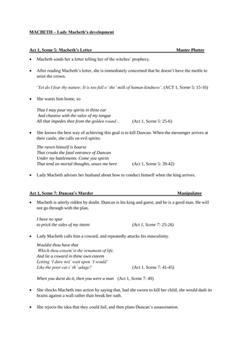 Lady Macbeth's Development - Notes and Quotes