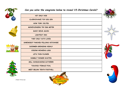 CHRISTMAS CAROLS ANAGRAMS