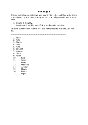 English - Changing Nouns and Adjectives into Verbs (Year 5)
