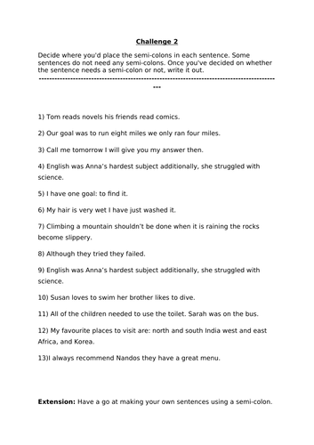 English - Semi-Colons (Year 5 and 6)