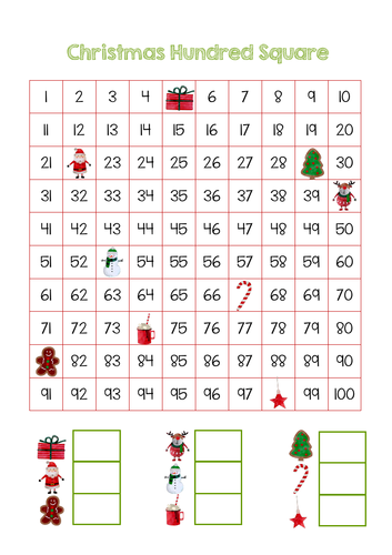Christmas number-counting peg cards, hundred square, KS1