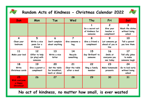 2022 Random Acts Of Christmas Kindness Calendar Random Acts Of Kindness - Christmas Calendar 2022** | Teaching Resources