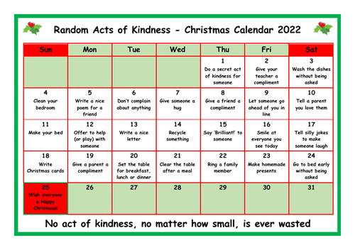 **Random Acts of Kindness - Christmas Calendar 2022**