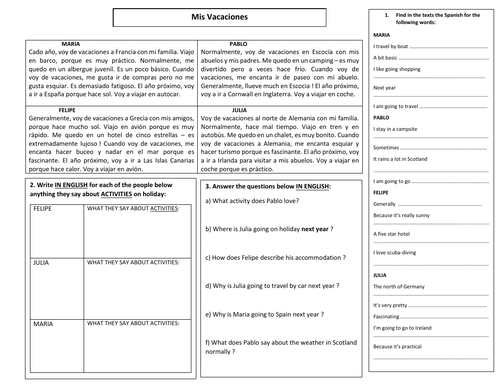 GCSE Foundation/KS3 Spanish Holidays narrow reading