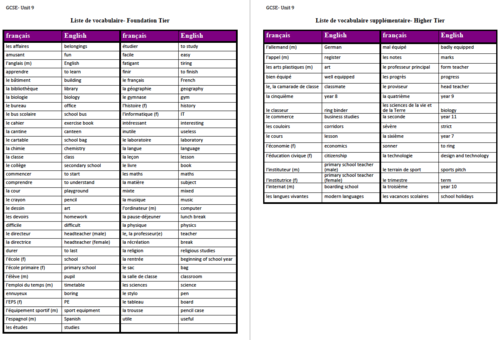 Unit 9- Vocabulary List- GCSE French