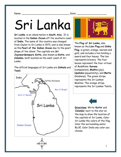 SRI LANKA - Introductory Geography Worksheet