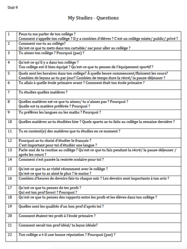 Unit 9- My Studies- Conversation Questions- GCSE French