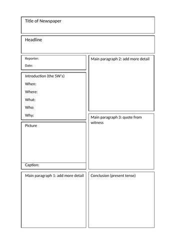 Newspaper Report Planning Template (Editable)