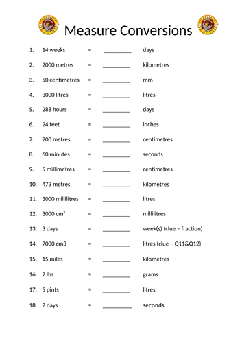 Measure conversions worksheet (+ answers)
