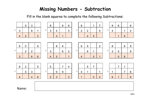 COLUMN SUBTRACTIONS - FIND MISSING NUMBERS