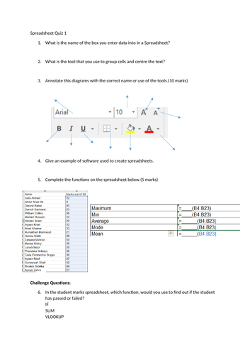 Spreadsheet formatting and functions quiz