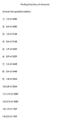 Finding Fractions of Amounts Worksheets