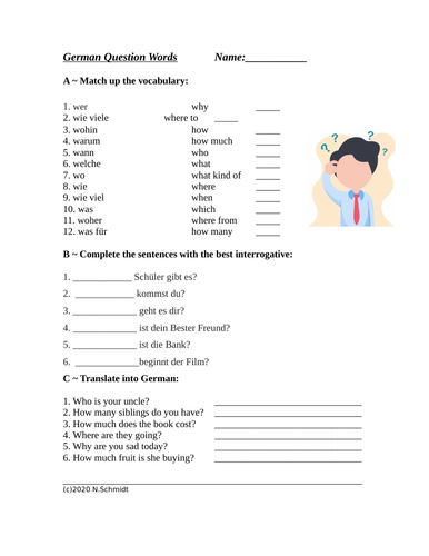 German Question Words / Interrogatives Vocabulary Worksheet (Fragewörter)