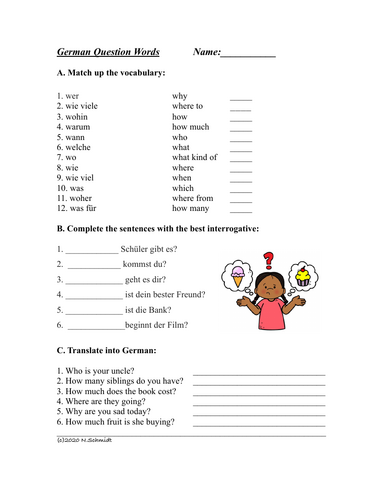 German Question Words / Interrogatives Vocabulary Worksheet (Fragewörter)