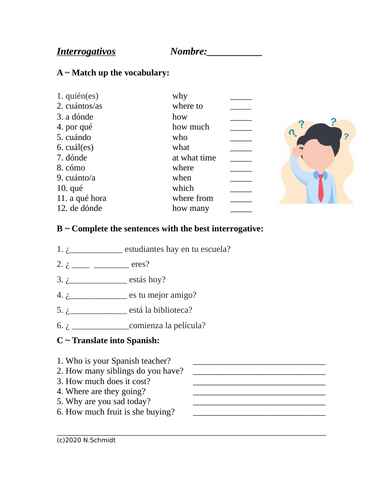 Spanish Question Words / Interrogatives Vocabulary Worksheet (Interrogativos)