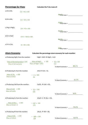 Percentage by Mass, Atom Economy & Percentage Yield Worksheet/Revision Questions (With Answers)