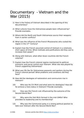 11 Modern History – Vietnam Independence Movement - Unit Intro and Documentary Viewing Sheet