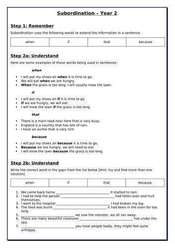 Subordinate Clauses - Year 2 Worksheet