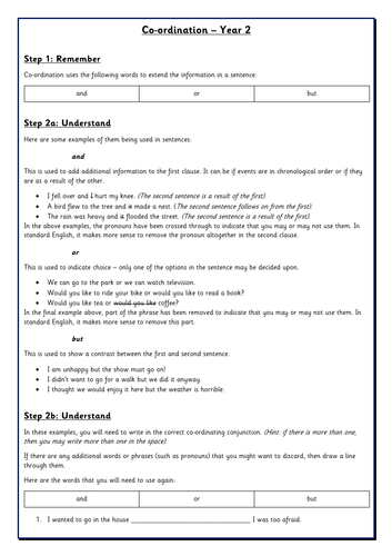 co ordination year 2 spag worksheet teaching resources