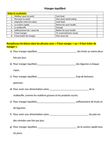 Une alimentation équilibrée worksheet